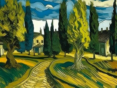 Van Gogh Style Landscape with Cypress Trees and Village