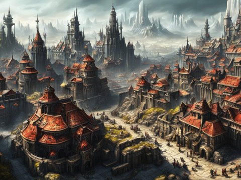 Vast Medieval Fantasy City with Red Roofs and Towering Spires