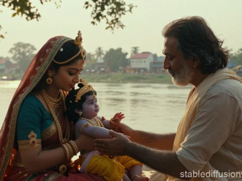 Vasudeva Places Baby Krishna by the Riverside