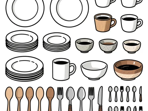 Vector Set of Plates, Cups, Bowls, and Cutlery