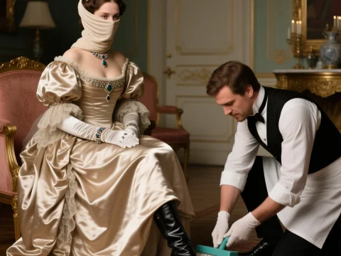 Veiled Countess with Attendant Cleaning Boots in Elegant Room