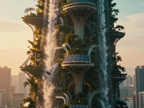 Vertical Forest Skyscraper with Cascading Waterfalls