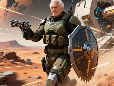 Veteran Martian Soldier Charging with Shield and Revolver