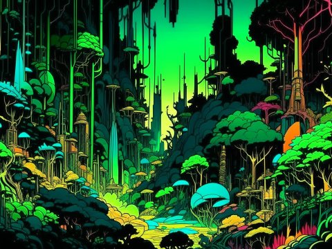 Vibrant 80s Comic Style Fantasy Forest Landscape