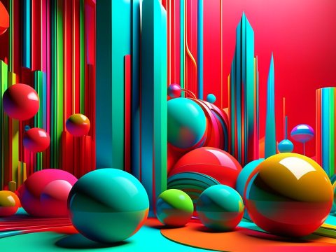 Vibrant Abstract 3D Scene with Colorful Spheres and Columns