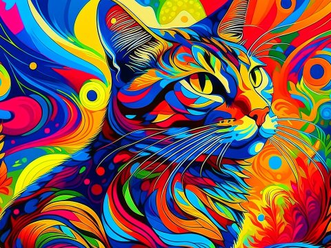 Vibrant Abstract Cat Portrait in Psychedelic Colors