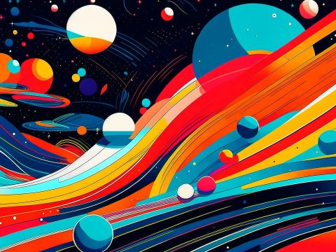 Vibrant Abstract Cosmic Waves with Colorful Spheres