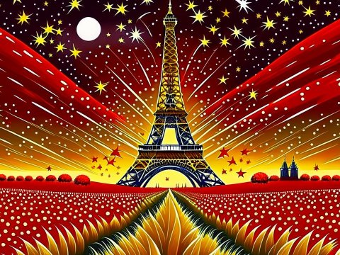 Vibrant Abstract Eiffel Tower Under Starry Sky