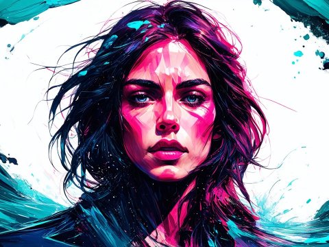 Vibrant Abstract Portrait of a Woman with Blue Waves