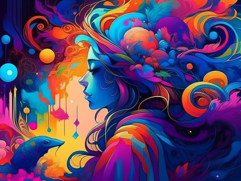 Vibrant Abstract Portrait of a Woman with Surreal Elements