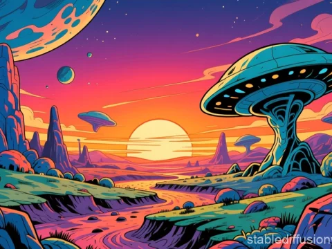 Vibrant Alien Planet Sunset with Futuristic Landscape