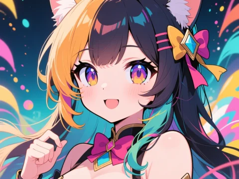 Vibrant Anime Cat Girl with Colorful Hair and Accessories