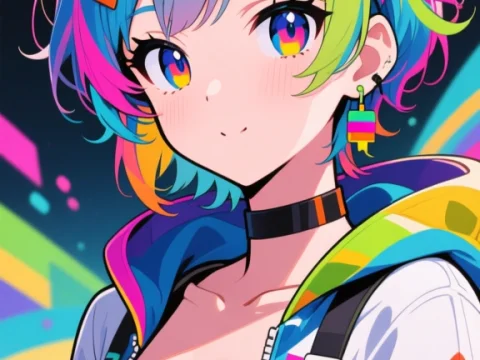 Vibrant Anime Character with Rainbow Hair and Accessories