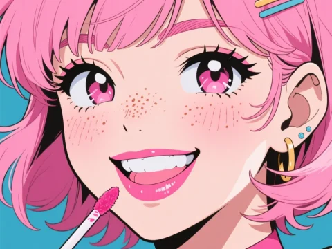 Vibrant Anime Girl Applying Pink Lip Gloss