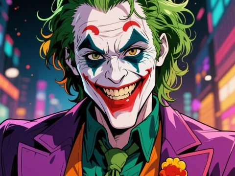 Vibrant Anime Style Joker Portrait in Neon City