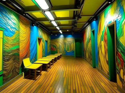 Vibrant Art Museum Hallway with Colorful Wall Murals