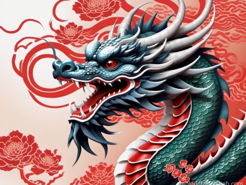 Vibrant Asian Dragon with Red Floral Background