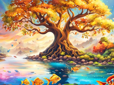 Vibrant Autumn Tree by a Flowing River with Colorful Fish