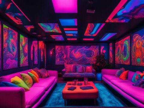 Vibrant Blacklight Lounge with Psychedelic Art