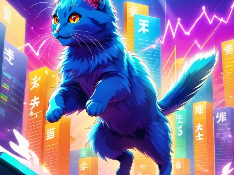 Vibrant Blue Cat Leaping in Neon Cityscape