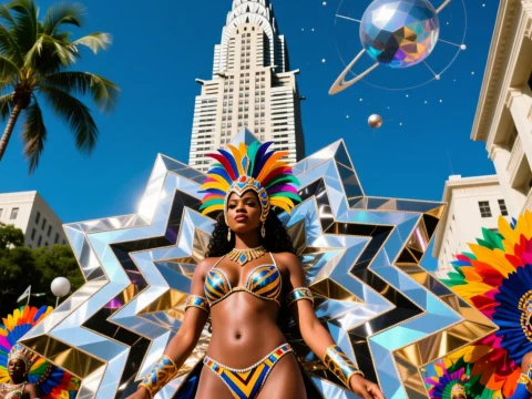 Vibrant Carnival Dancer with Futuristic Cosmic Backdrop