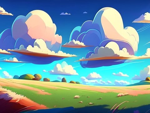 Vibrant Cartoon Landscape with Magical Clouds
