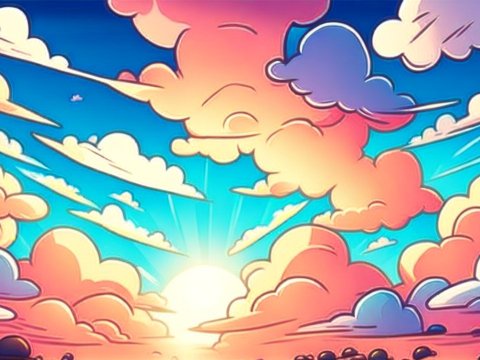 Vibrant Cartoon Sunrise with Colorful Clouds