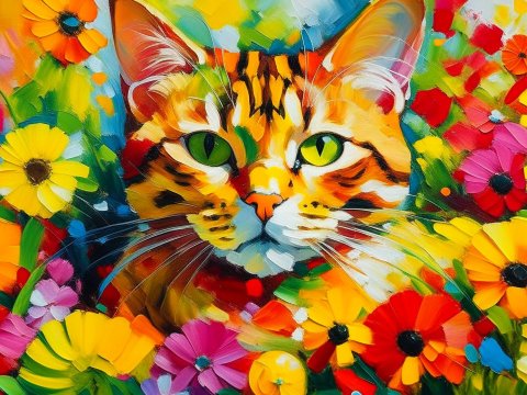 Vibrant Cat Among Colorful Flowers Painting