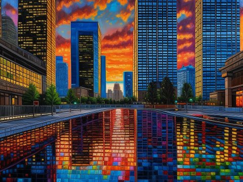 Vibrant Cityscape at Dusk with Reflective Pool