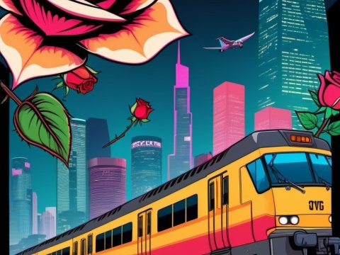 Vibrant Cityscape with Train and Roses in Neon Colors