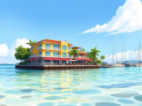Vibrant Coastal Resort with Sailboats on Clear Water