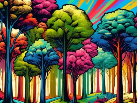 Vibrant Colorful Forest Illustration with Stylized Trees