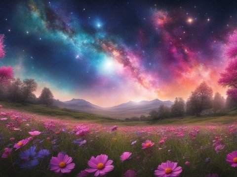 Vibrant Cosmic Night Over Flowering Meadow
