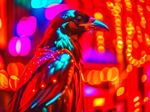 Vibrant Crow Amid Festive Neon Lights