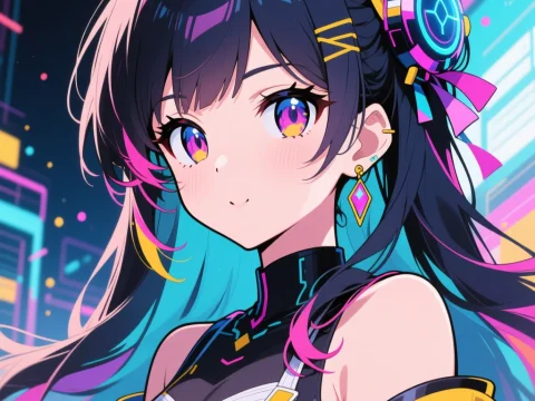 Vibrant Cyberpunk Anime Girl Portrait