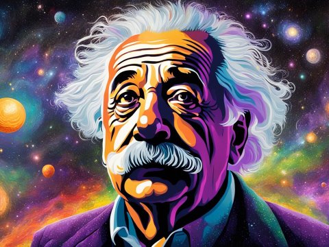 Vibrant Digital Portrait of Albert Einstein in Cosmic Space