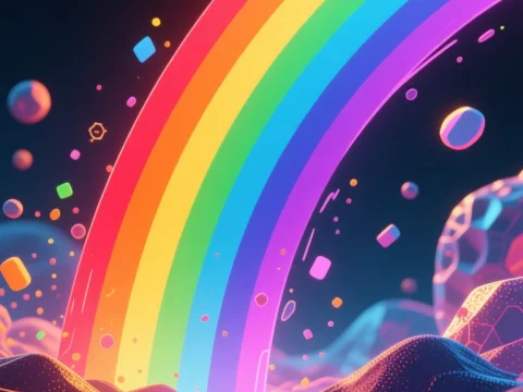 Vibrant Digital Rainbow Over Futuristic Landscape