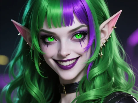 Vibrant Elf with Green and Purple Hair Smiling