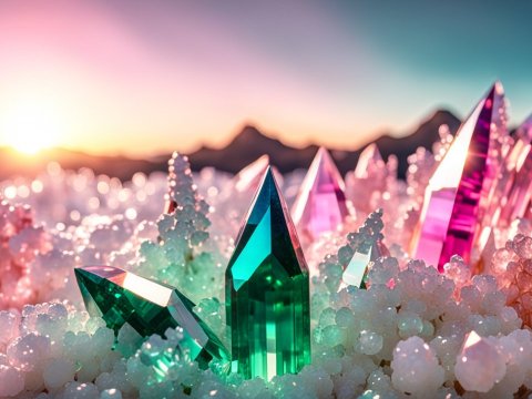Vibrant Emerald and Topaz Crystals at Sunrise