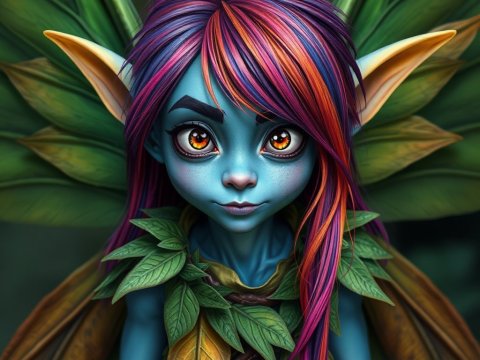 Vibrant Fairy Goblin with Colorful Hair and Leafy Outfit