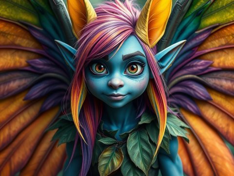 Vibrant Fairy Goblin with Large Eyes and Colorful Wings