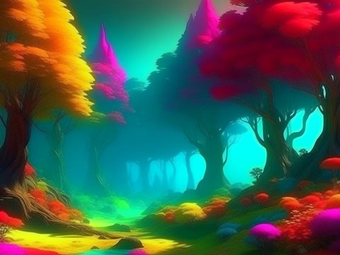 Vibrant Fantasy Forest with Colorful Trees and Glowing Atmosphere