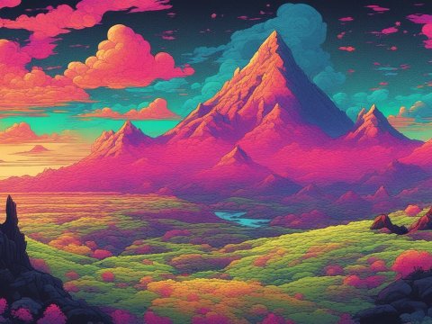 Vibrant Fantasy Mountain Landscape at Sunset