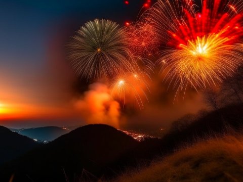Vibrant Fireworks Over Mountain Landscape at Sunset