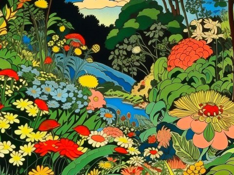 Vibrant Floral Landscape Illustration by Kuniyoshi