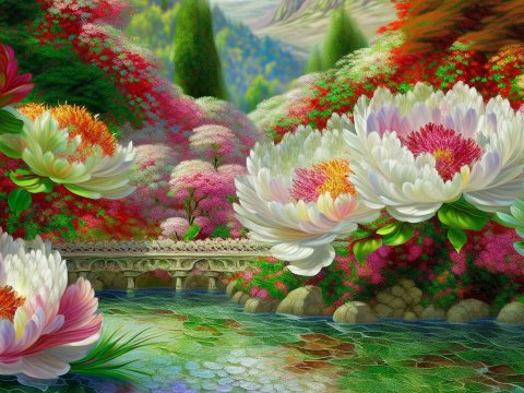 Vibrant Floral River Landscape with Ornate Stone Bridge