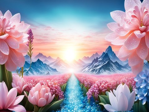 Vibrant Flower Field with Mountain Sunrise