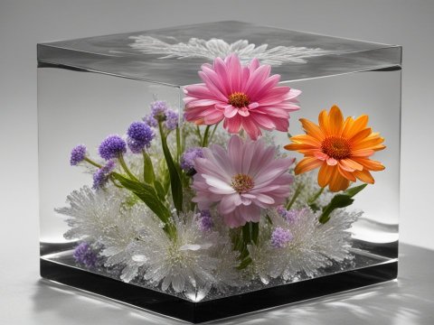 Vibrant Flowers Encased in Clear Crystal Cube