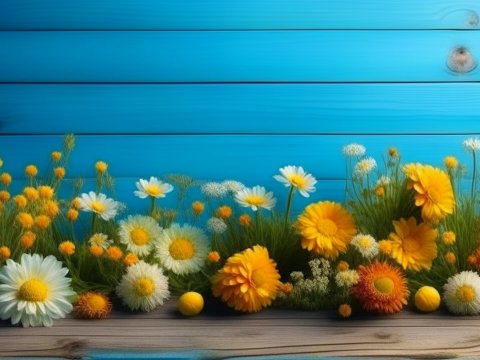 Vibrant Garden Flowers Against Blue Wooden Fence