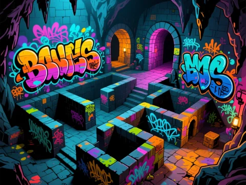 Vibrant Graffiti in a Dark Dungeon Maze